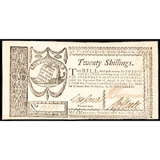 Colonial Currency Note, Georgia. October 16, 1786. Twenty Shillings, Very Fine