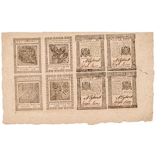 Colonial Currency, Pennsylvania. April 25, 1776. Rare Eight Note UNCUT SHEET