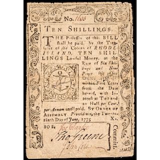 Colonial Currency, Rhode Island June 29, 1775 Ten Shillings Fully Signed Fine