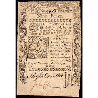 Colonial Currency Note, RI, November 6, 1775 Nine Pence PASS-CO Very Fine-20