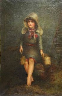 19th C. Oil on Canvas. Young Girl with Shovel and