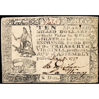 Colonial Currency, VA, May 5, 1777 Ten Dollars