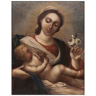 AFTER SIMÓN VOUET (FRANCE, 17TH CENTURY). MADONNA OF THE ROSE. MEXICAN SHCOOL, 19TH CENTURY. 