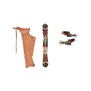 LOT OF CHARRO ACCESSORIES: CHAPS, HORSE BELT AND SPURS. MEXICO, 20TH CENTURY. Pieces: 4.