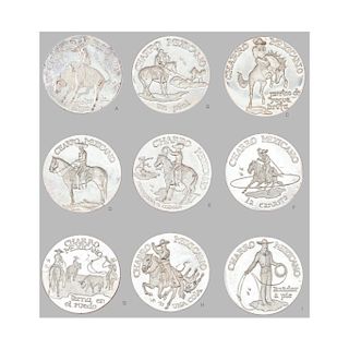 A COLLECTION OF SILVER MEDALS: "CHARRO MEXICANO". MEXICO, 20TH CENTURY.  Marked: "LR 76". Pieces: 9.