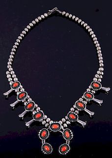 Navajo Coral Silver Squash Blossom Necklace