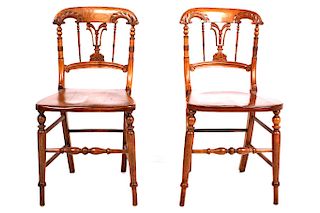 Quatersawn Oak Hand Carved Pair of Chairs