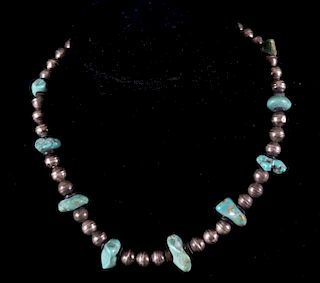 Navajo Turquoise Nugget & Silver Beaded Necklace