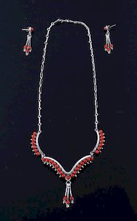 Zuni Silver Branch Coral Necklace & Earring Set