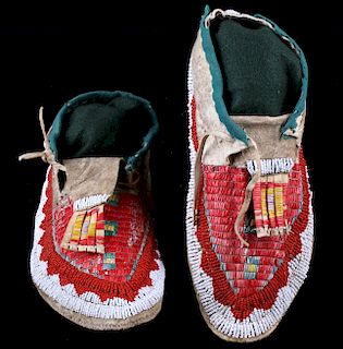 Sioux Fully Quilled & Beaded Moccasins C. 1870-