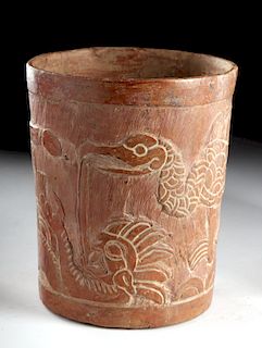 Maya Carved Pottery Cylinder w/ Underworld Battle