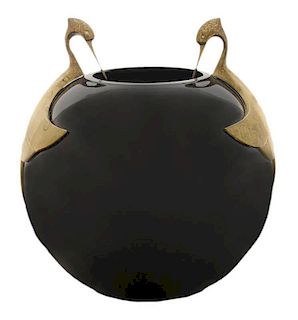Black Glass Vase with Brass Bird