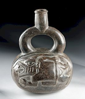 Early Moche Greyware Stirrup Vessel w/ Ai Apaec
