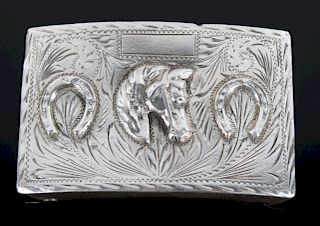 Early Sterling Silver Ornate Horse Belt Buckle