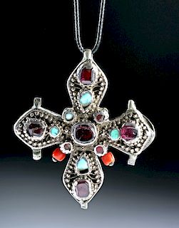 19th C. Russian Silver Cross w/ Coral & Turquoise