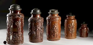 17th C. German Salt Glazed Stoneware Jars w/ Lids (5)