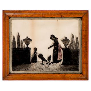 Reverse-Painted Silhouette of Woman and Child Feeding Chickens