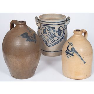 Stoneware Cobalt-Decorated Jugs and Crock