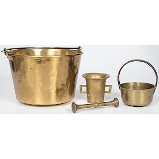Brass Pail, Handled Pot, and Mortar and Pestle