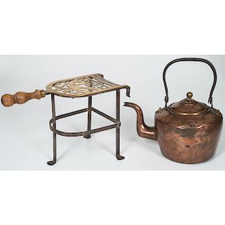 Copper Tea Kettle and Brass Trivet Stand