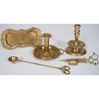 Flemish Brass Candlestick and Other Brass Lighting Accessories