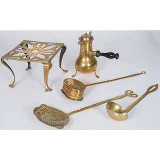 French Brass Coffee Pot and English Brass Tools