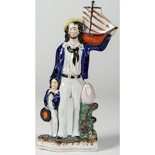Staffordshire Figural Group, Sailor with Model Ship