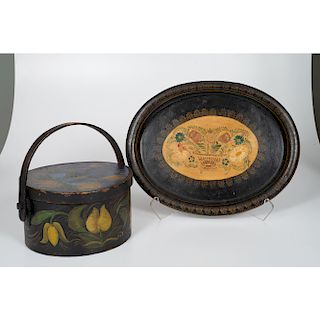 American Painted Box and Tole Tray with Painted Decorations