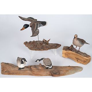 Carved and Painted Birds Duck, a Dove and Geese