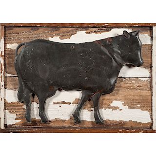 Tin Bull Trade Sign Mounted to Board with White Paint