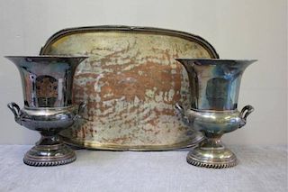 SILVERPLATE. Vintage Tray and Pair of Ice Buckets.