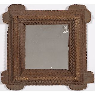 Tramp Art Mirror and Folk Art Carved Frame with Doves