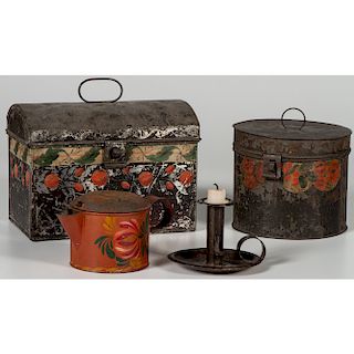 Painted Toleware Boxes and Coffee Pot, Plus