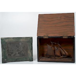 Wooden Diorama of the "Pride of Baltimore" Schooner and Decorative Etched Stone Tile