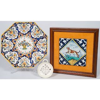 Dutch Tile, French Faience Scalloped Plate, and Creamware Strainer