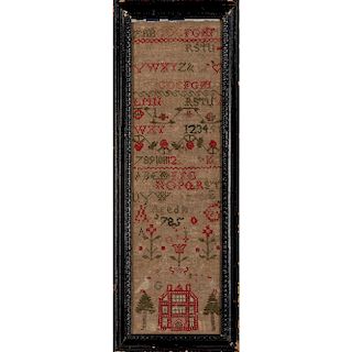 English Sampler with House and Tree Decoration, Dated 1785