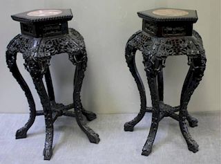 Pair of Chinese Carved Hardwood and Marble Top