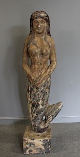 A Large Carved Wooden & Gessoed Mermaid Figure