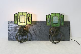 TIFFANY STUDIOS  Attributed To Pair Of Three Panel