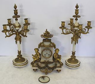 Fine Quality Bronze And Marble Clock Garniture Set