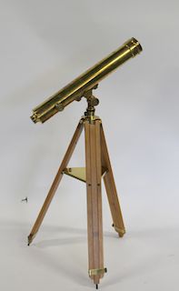Vintage Brass Telescope On Wood Tri Pod