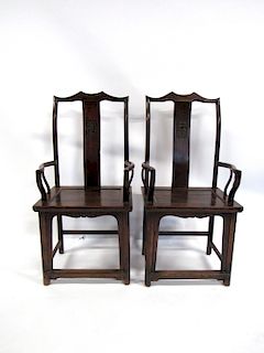 Pair of Chinese Rosewood Yoke Back Arm Chairs.