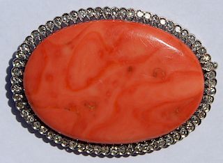 JEWELRY. Large Coral, Diamond and 14kt Gold Brooch