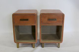 Pair Of Leather Night Stands With Brass Feet.