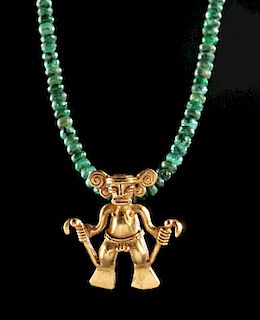 Necklace w/ Ancient Panamanian Gold Amulet & Emeralds