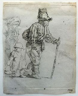 REMBRANDT, VAN RIJN PEASANT FAMILY ON THE TRAMP  ETCHING ON BEIGE LAID PAPER
