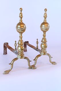 19th Century Finial Ball Top Brass Andirons