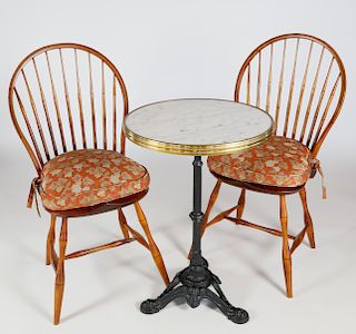 Marble Top Bistro Table and Pair of D. R. Dimes Windsor Bow Back Side Chairs