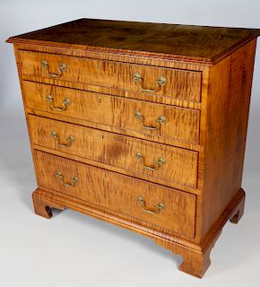 Marshall James Tiger Maple Chippendale Style Four-Graduated Chest of Drawers on Bracket Feet