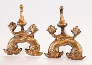 Pair of 19th Century Double Dolphin and Finial Brass Andirons